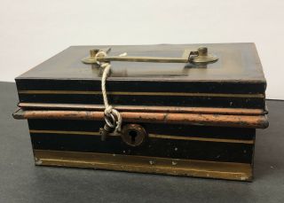 Vtg Metal Lock Box 7” Black Gold W/ Key And Insert