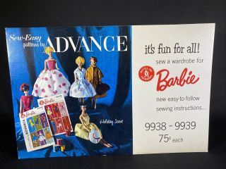 Rare Barbie Store Display Sign Stand Vintage 1961 Sew Easy Patterns 13x19.  5