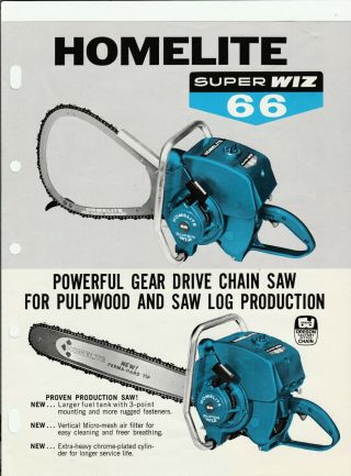 Rare Vintage Homelite Wiz 66 Chainsaw Specifications Advertising Sheet