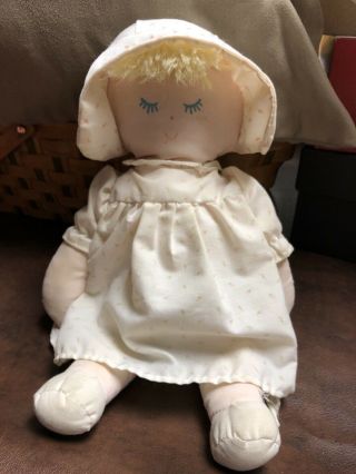Vintage Eden? 14 " Cloth Rag Doll White Dress With Pink Flowers And Bonnet