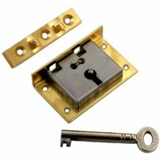 Large Brass Half Mortise Chest Or Box Lid Lock W/skeleton Key | S - 11