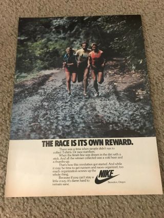 Vintage 1980 Nike Running Poster Print Ad " The Race Is Its Own Reward " Rare