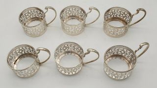 Rare Set Of 6 Solid Silver Coffee Can Holders Birmingham 1926