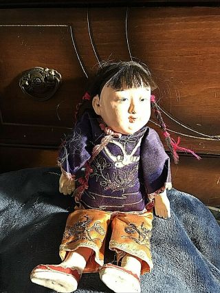 Antique Composition Chinese Big Doll In Embroidered Silk Clothes -
