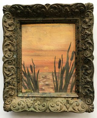 Signed Small Seascape Oil Painting Unsigned 4 " X 5 " Vintage Framed