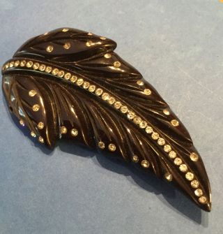 Vintage And Rare Black Bakelite Large Leaf Pin With Rhinestones