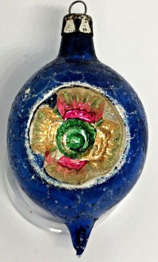 Antique Mercury Glass Blue Teardrop Indent Reflector Glass Ornament Poland