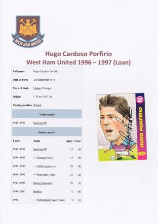 Hugo Porfirio West Ham Utd 1996 - 1997 (loan) Rare Signed Promatch Card