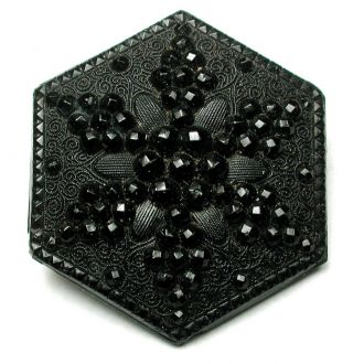 Antique Black Glass Button Pretty Faceted Snowflake Hexagon Design 1 & 3/16 "