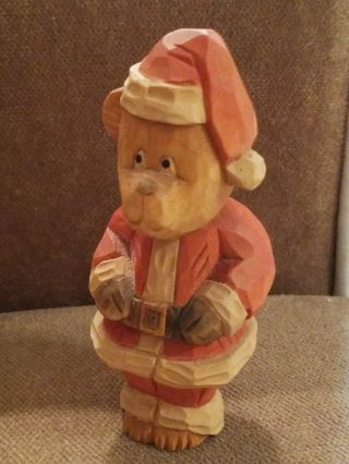 Vtg Rare Handmade Carved Wood Santa Bear Christmas Figurine Signed M.  Shifley