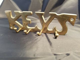 Vintage Brass " Keys " Holder Rack - Wall Mount 4 Hook Retro 5 5/8 " X 1 3/4 "