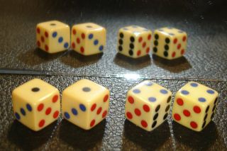 2 Pairs Rare Vintage Loaded (1/2 ", ) Dice - Tops & Bottoms - Tri Color Inlaid Spots