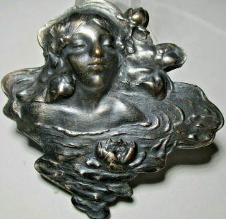1 3/4 " Antique French Button " Girl In Water " Realistic Vintage Silver Metal