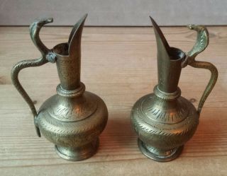 Vintage Brass Indian/asian Vases / Jugs With Cobra Snake Handles