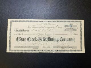 1905 Cedar Creek Gold Mining Co.  Stock Certificate El Dorado,  Califronia Rare