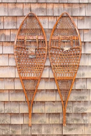 Pair Large Antique Maine Tubbs,  Wood & Rawhide Snow Shoes Snowshoes Nr