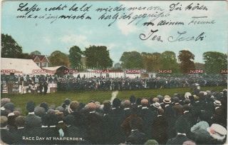 Hertfordshire Postcard.  Harpenden.  Horse Racing Day.  Crowds.  Rare Mailed 1909