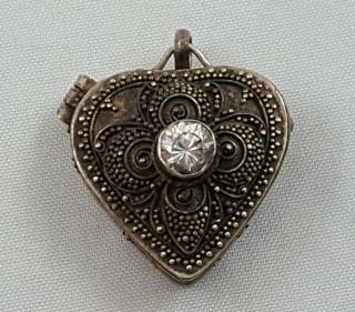 Antique Vintage 925 Sterling Silver Rhinestone Heart Shaped Pill Box Pendant