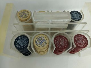 Rare Vintage Poker Chip Set Old Crown Maroon Black Off White Acrylic Case Heavy