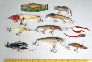 11 Old Wood Fly Fishing Lures,  Spinner,  Heddon Meadow Mouse,  River Runt & Poe 
