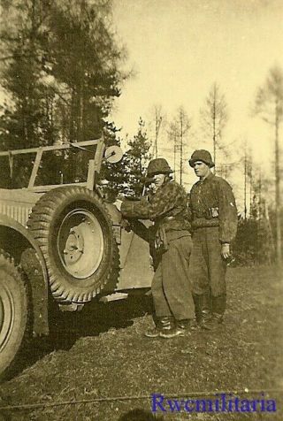 Rare Helmeted German Elite Waffen Troops W/ Camo Smocks By Pkw Car; 1944