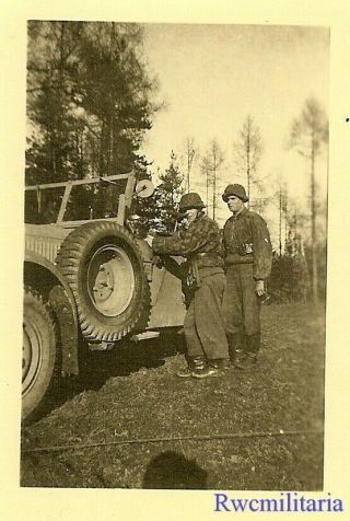 RARE Helmeted German Elite Waffen Troops w/ Camo Smocks by Pkw Car; 1944 2