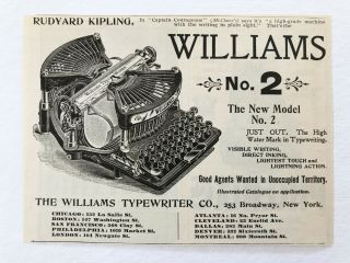 Antique1897 Williams No.  2 Visible Typewriter Vtg Print Ad Rudyard Kipling Quote