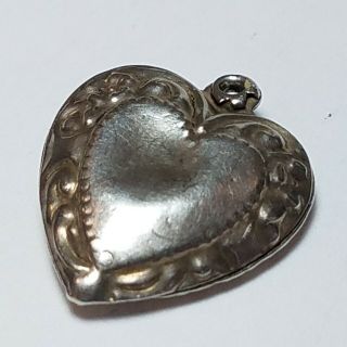 Vintage Sterling Silver Heart Charm Pendant Puffy Embossed Double Sided Antique