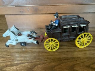 Antique Vintage Cast Iron Horse - Drawn Stage Coach With Cowboy Driver Metal Toy