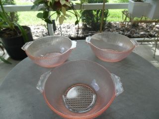 Set Of 3 Jeannette Depression Glass Homespun Fine Rib Pink Cereal Bowl Rare Htf