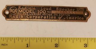 Rare Vintage " Rca - Radiola Loud Speaker - Model 100 " Brass Id/sn Plate