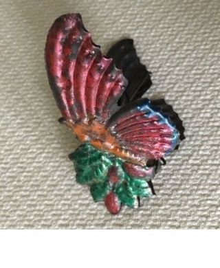 11 Rare Antique Victorian Embossed / Painted Tin Candle Clip - Butterfly