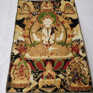 36 " Tibet Tibetan Cloth Silk 4 Arm Guanyin Kwan - Yin Tangka Thangka Mural 12