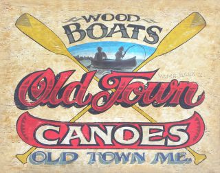 Old Town Canoe Print Art Decor Vintage Folk Art Maine Canoe Paddle Lake