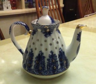 Lomonosov Porcelain Cobalt Blue White And Gold Teapot Made In Russia - Rare 7 " H