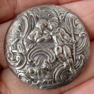 1 5/16 " Antique 1 - Piece Stamped Brass Button,  Shepherd W Female Companion & Ewe