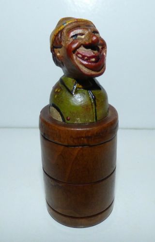 Rare Antique Anri Carved Treen Box Drunk Man In A Barrel Hand Painted Night Cap