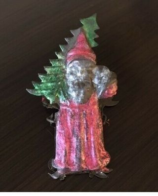 1 Rare Antique Victorian Embossed And Painted Santa Claus Tin Candle Clip - Red