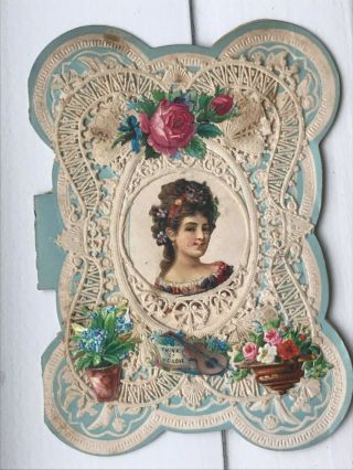 Marked Antique Victorian Valentine Card Die - Cut Woman,  Violin/guitar,  Flowers
