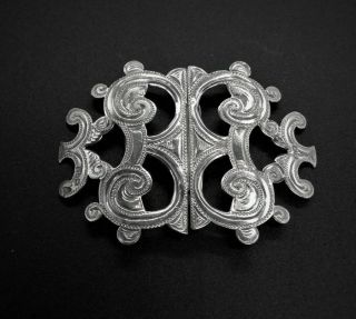 Antique Sterling Silver Belt Buckle With Linework And Ornamental Design