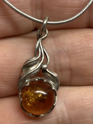Antique Art Deco Sterling Silver Natural Baltic Amber Pendant Necklace 18”