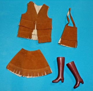 Vintage Barbie Hk Maddie Missy Mod Brown Felt Fringe Mini Skirt Vest Purse Boots