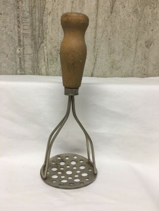 Vintage Round Disc Potato Masher With Holes - Wooden Handle Rare