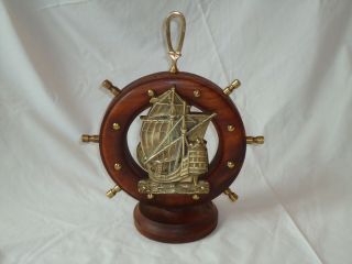 Ships Wheel With Brass Ship & Sails Mounted On Base - Maritime Nautical