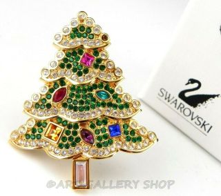 Swarovski Crystal Christmas Tree Pin Brooch Multi - Colors Gold Tone Rare