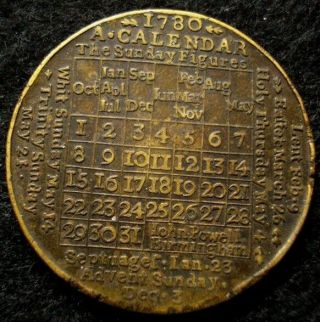 1780 American Revolution Period Calendar Medal Rare British