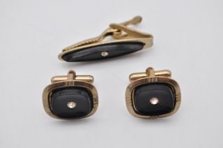 Vintage Cuff Links And Tie Clip Gold Tone Black Stone Rhinestone In Middle Men 