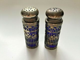 Antique Cobalt Blue Glass And Silver Plated Salt And Pepper Shakers