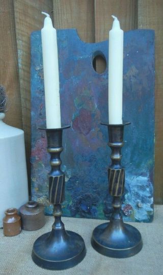Pair Antique/vintage Bronzed Brass Christmas Candlesticks 21.  5 Cm (h)