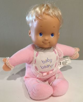 Vintage Baby Beans Doll Pink Pajamas Ribbon & Lace Bib Meritus Cloth Toy 10 "